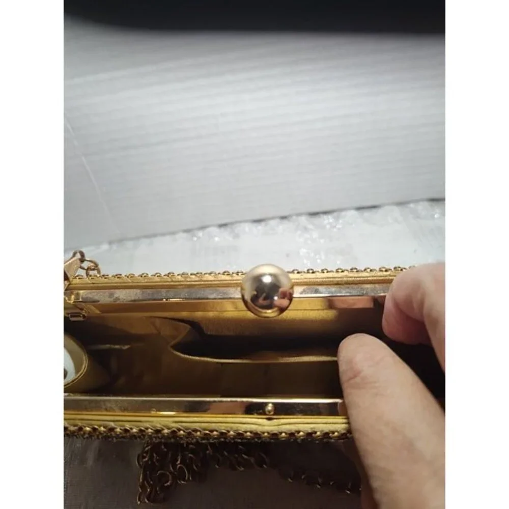 Vintage Retro Caziar Chainmail Clutch Bag Matte Gold‎ With Clasp Chain Strap